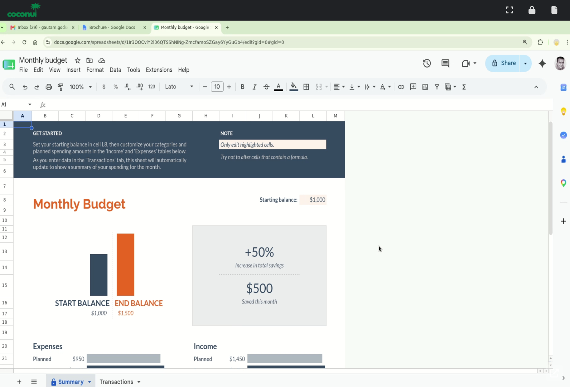 Google Sheets monthly budget open inside the Coconut cloud browser