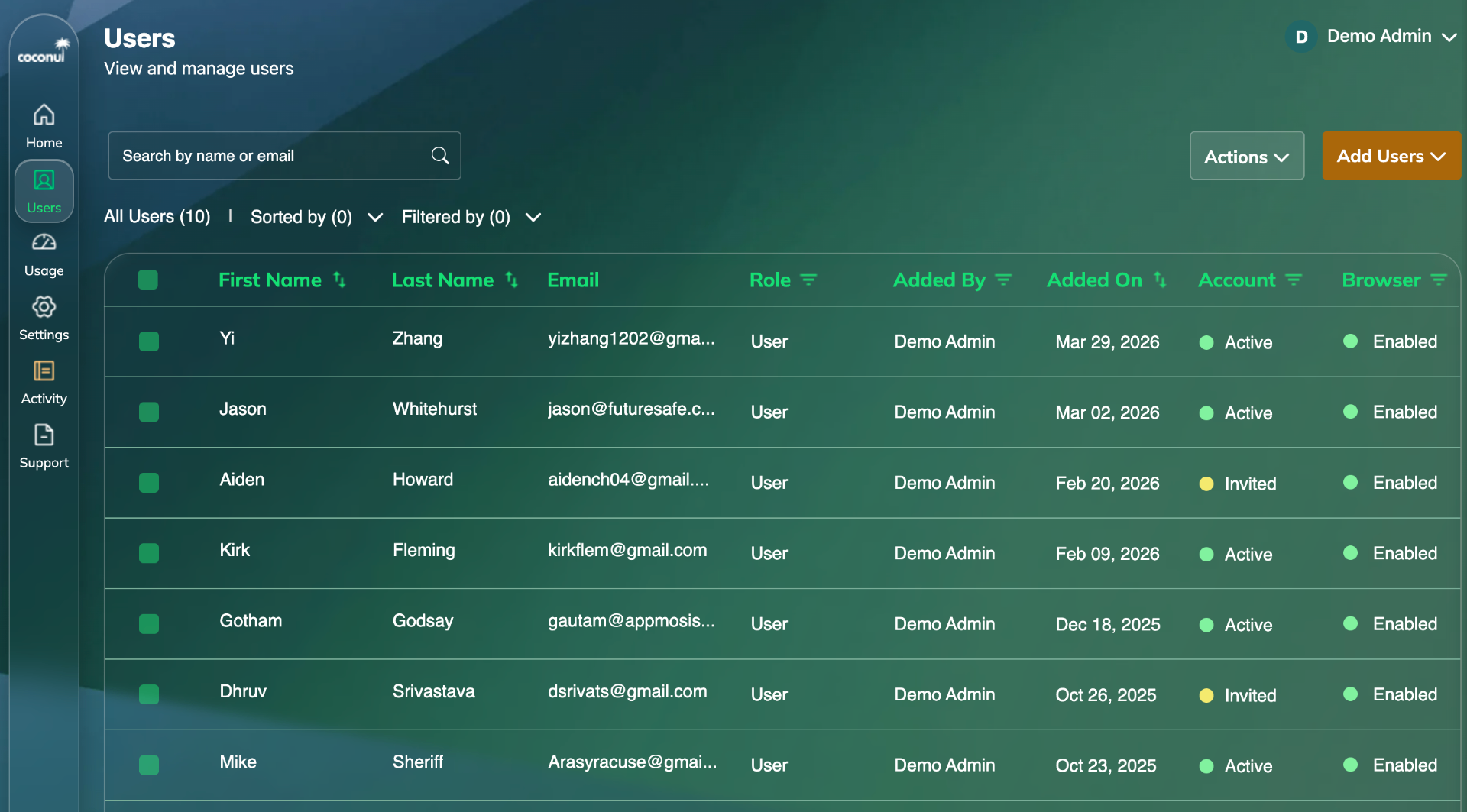 Coconut org admin Users page showing the full user roster with roles, status, and browser access