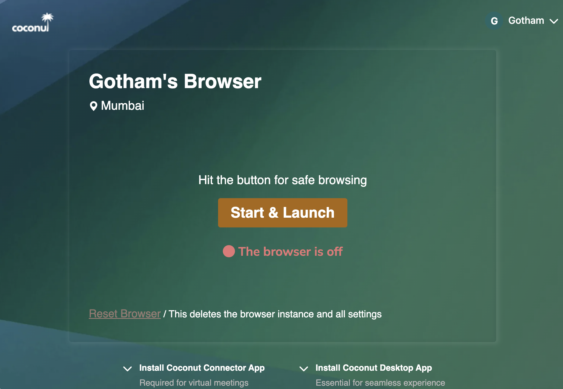 Coconut portal login screen showing Gotham's Browser ready to launch