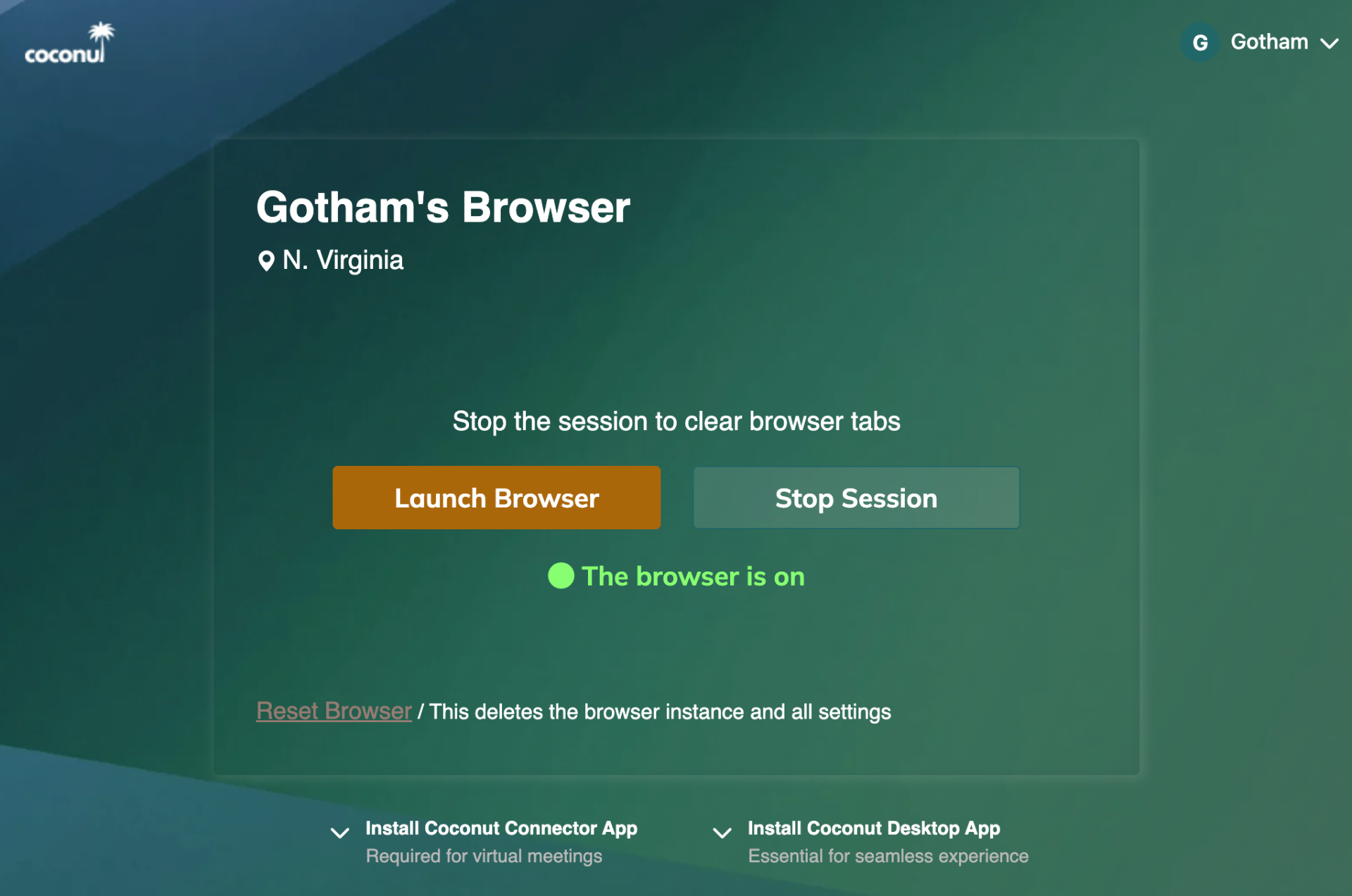 Coconut portal showing an isolated browser running in N. Virginia, with N. Virginia and Mumbai as available regions